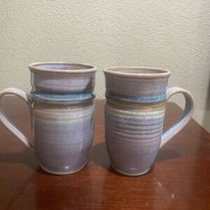 Handmade Stoneware Mugs - Lavender with Blue Accent (Set of 2)